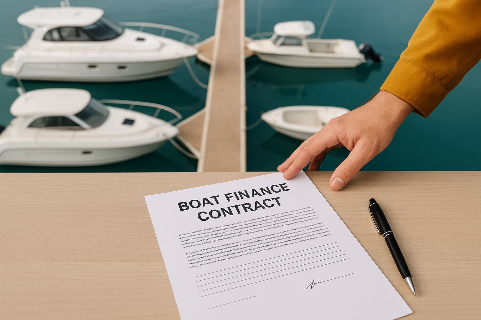 Illustrasjon av en båt på et dokument, symboliserer finansieringskontrakt.